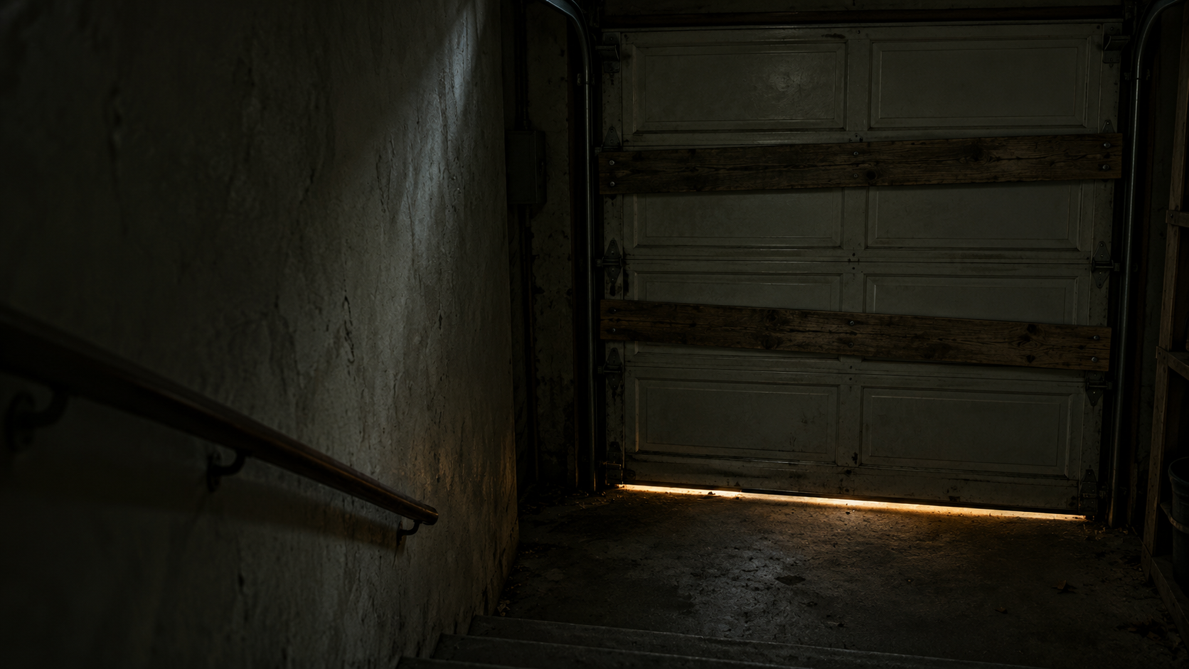 A boarded-up door at the bottom of a dark stairwell